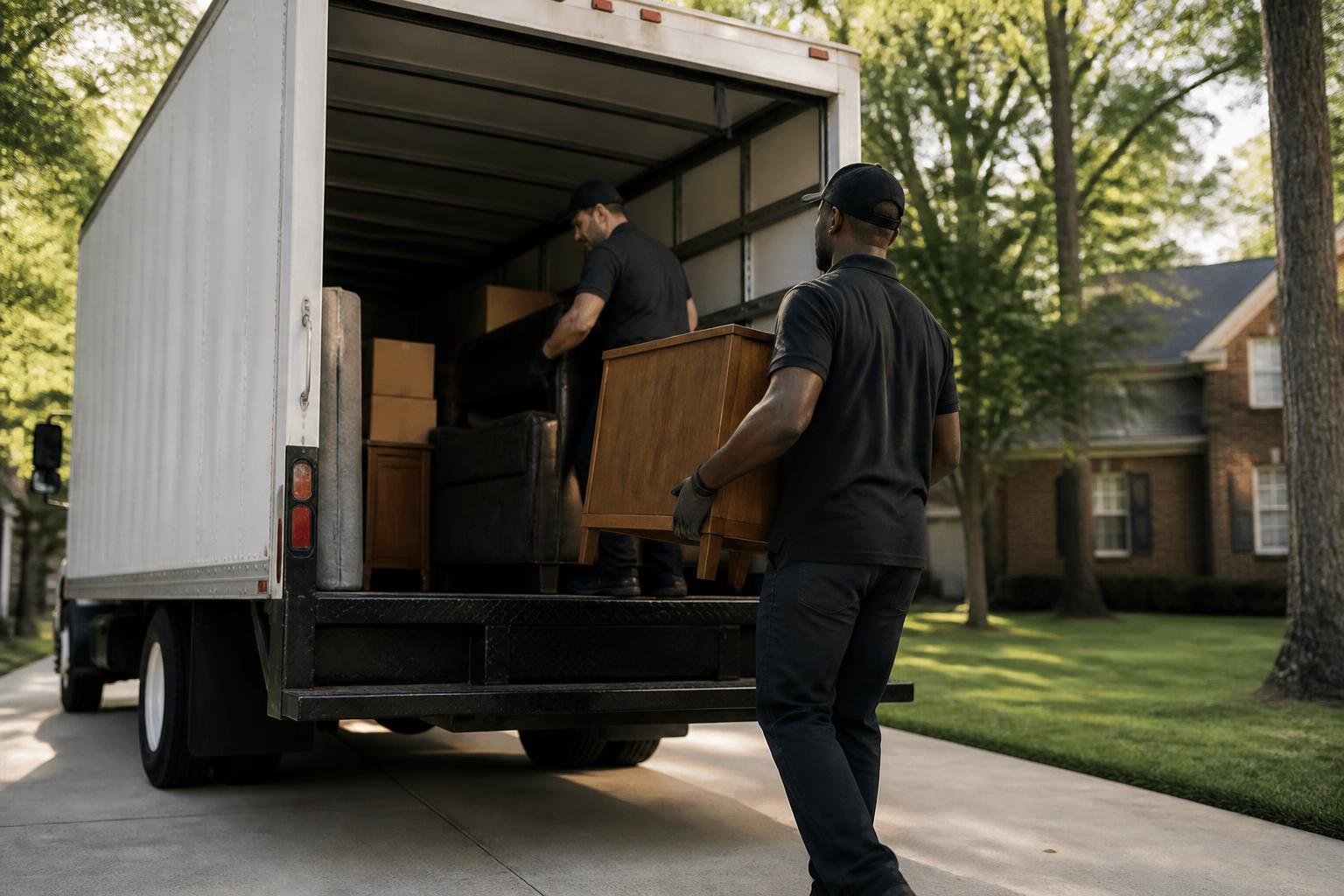 Development photo of a professional junk removal crew carrying a sofa out of a suburban home