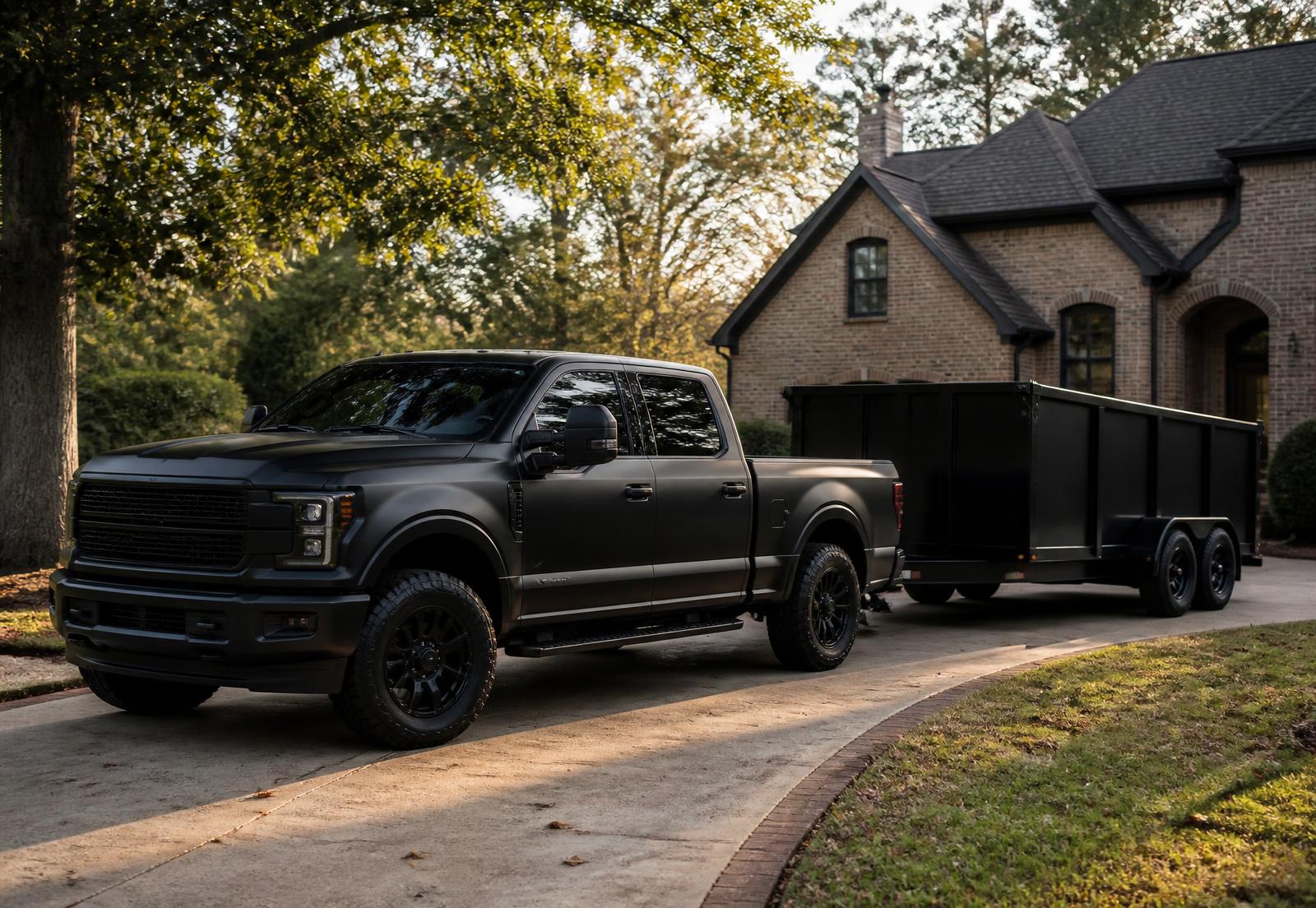 Plain black pickup truck towing a black dump trailer in an East Cobb neighborhood