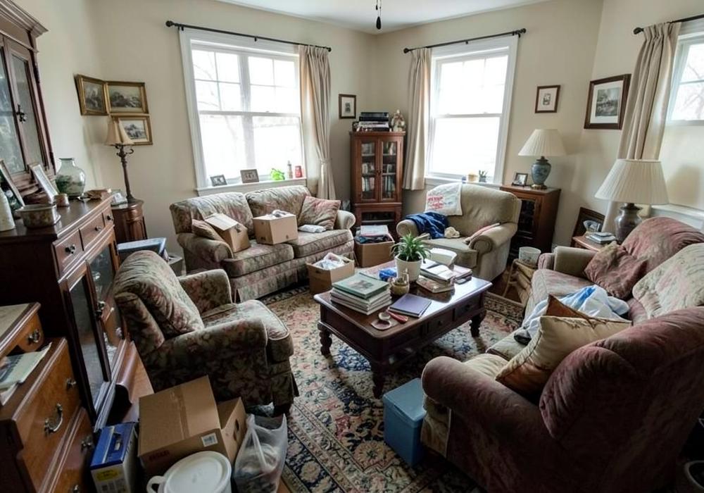 Sample photo of a living room full of furniture and boxes