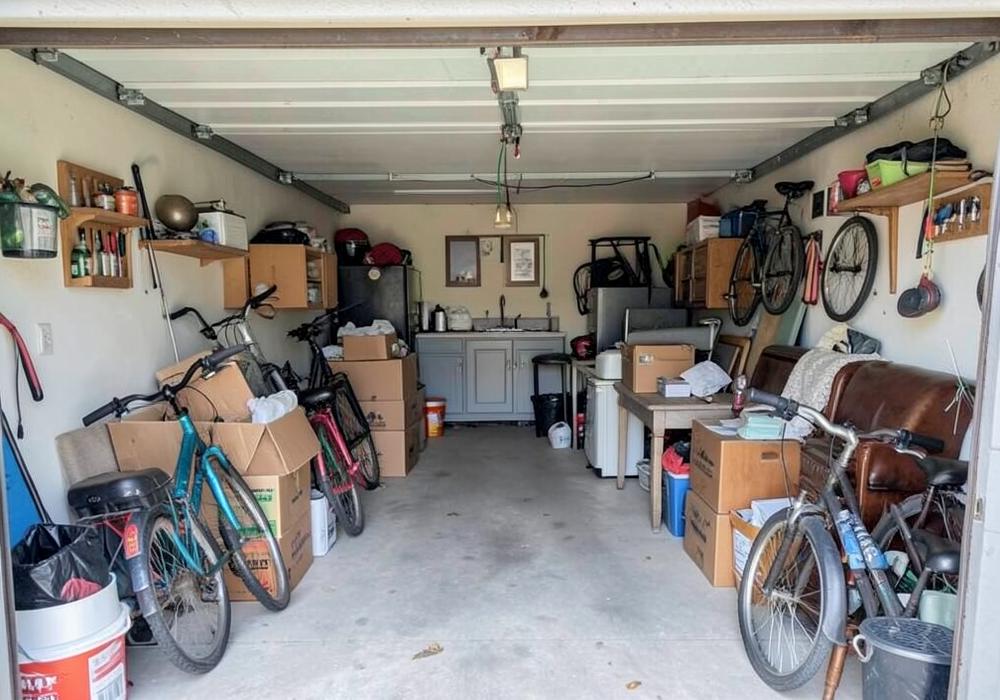 Sample photo of a garage packed with boxes, bikes and clutter