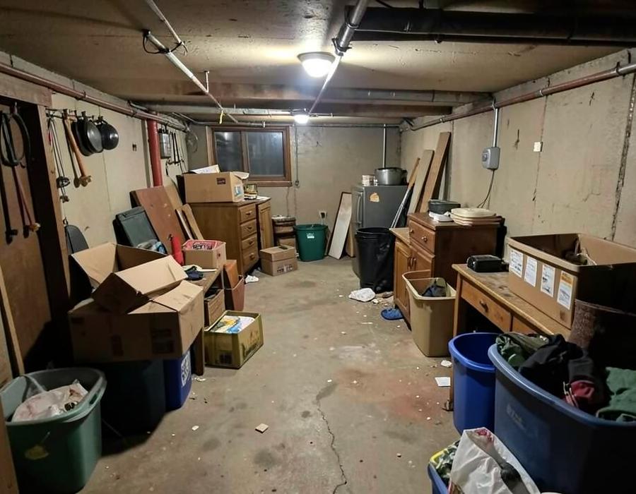 Cluttered residential basement full of boxes and old furniture