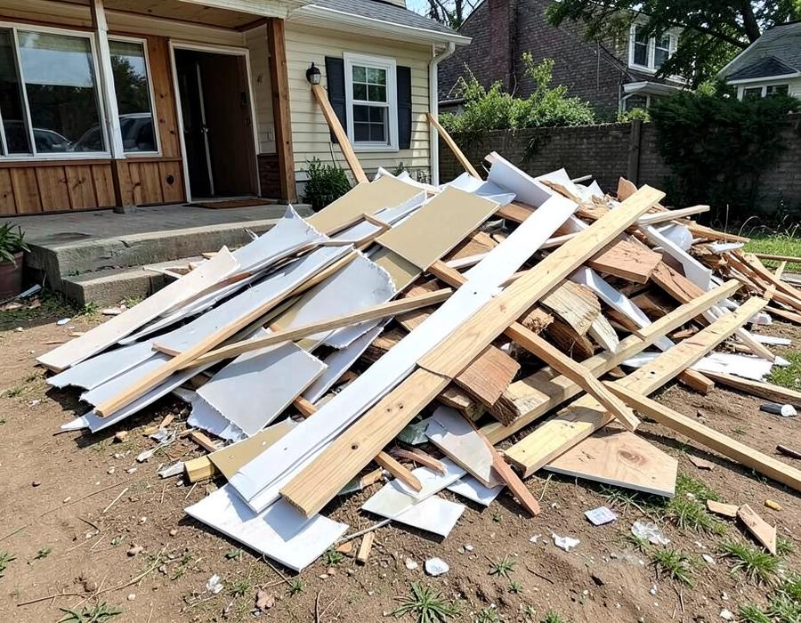 Pile of construction debris and lumber outside a home renovation