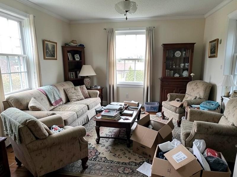 Older living room with dated furniture and boxes prepared for an estate cleanout