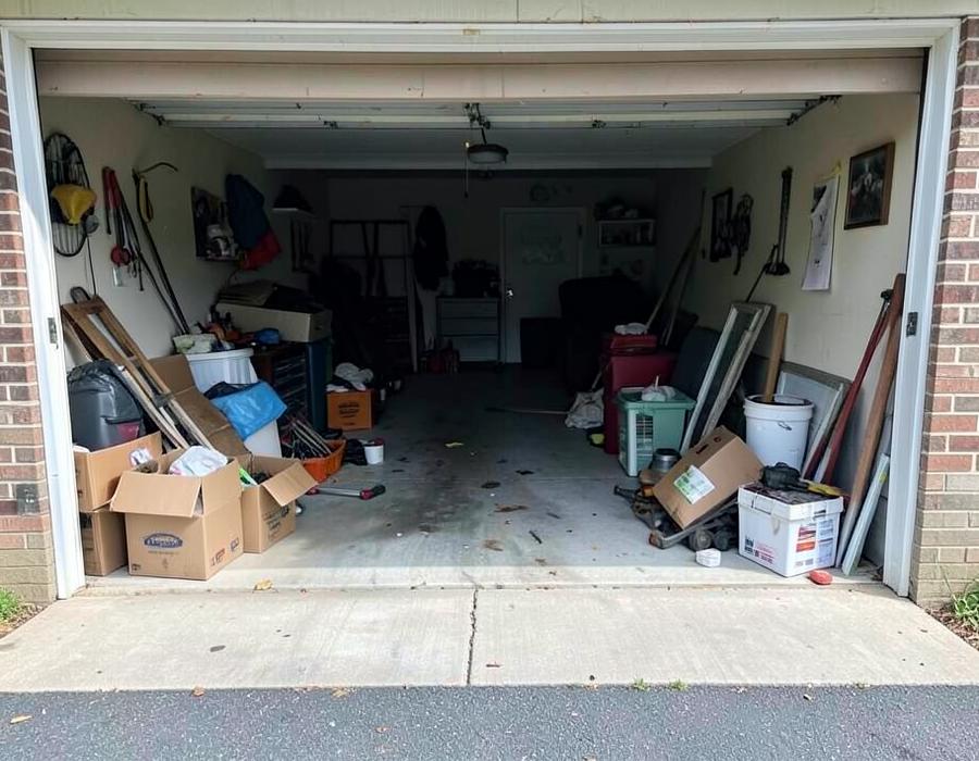 Cluttered suburban garage being cleared out