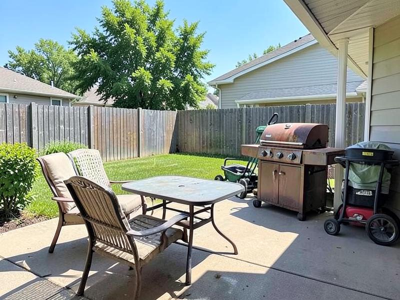 Worn patio furniture, a rusty grill and a mower on a back patio