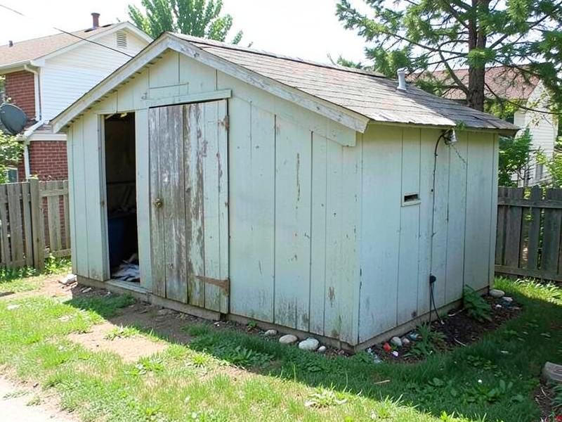 Old weathered backyard storage shed ready for removal