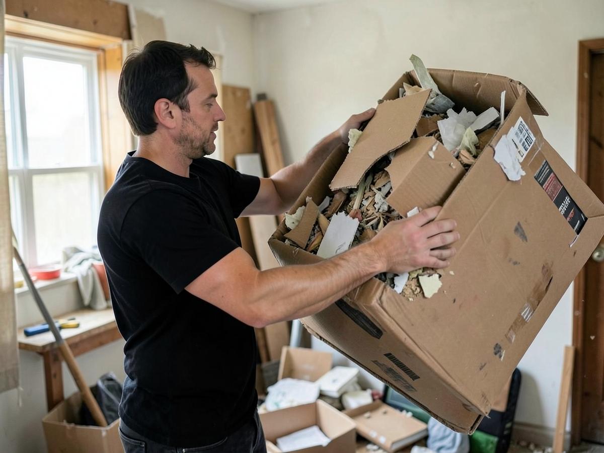 Worker lifting a heavy box of debris during a home cleanout
